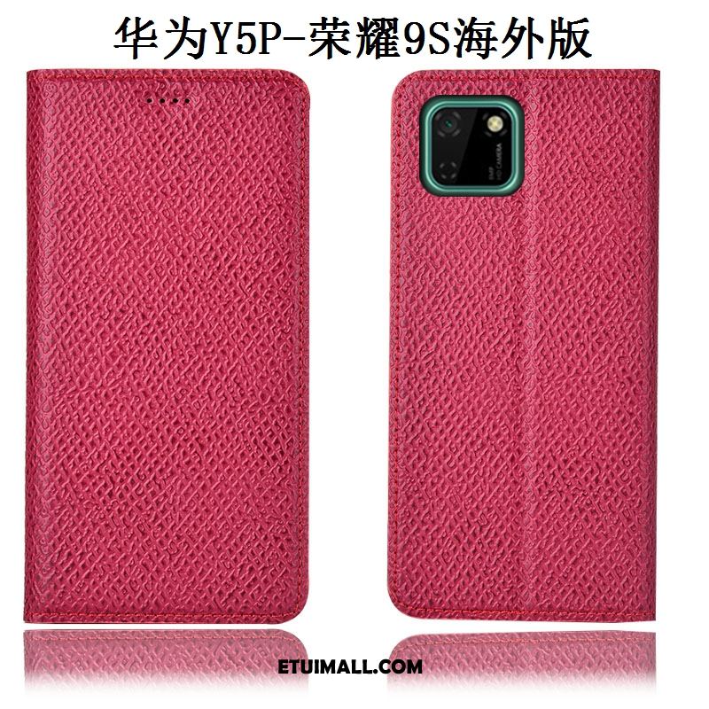 Etui Huawei Y5p Prawdziwa Skóra Anti-fall Siatkowe Wzór Czerwony Obudowa Online