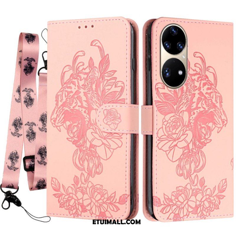 Etui Folio do Huawei P50 Pro z Łańcuch Barokowy Tygrys Z Paskami