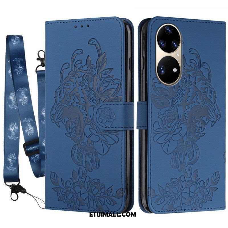 Etui Folio do Huawei P50 Pro z Łańcuch Barokowy Tygrys Z Paskami