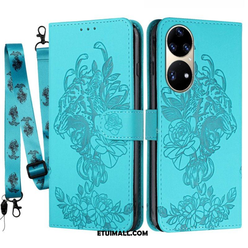 Etui Folio do Huawei P50 Pro z Łańcuch Barokowy Tygrys Z Paskami