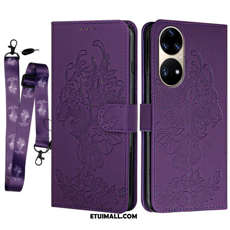 Etui Folio do Huawei P50 Pro z Łańcuch Barokowy Tygrys Z Paskami