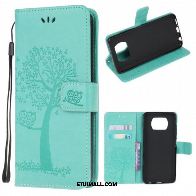 Etui Folio do Poco X3 / X3 Pro / X3 NFC z Łańcuch Drzewo Stringów I Sowy