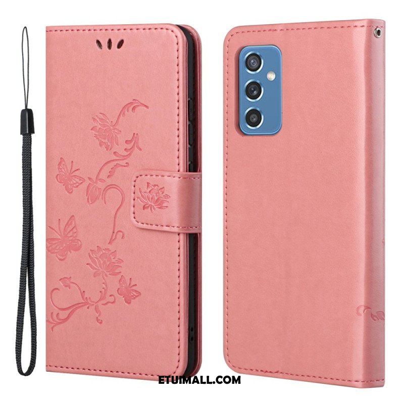 Etui Folio do Samsung Galaxy M52 5G z Łańcuch Pasek W Motyle I Kwiaty