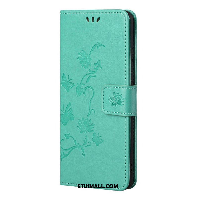 Etui Folio do Samsung Galaxy M52 5G z Łańcuch Pasek W Motyle I Kwiaty