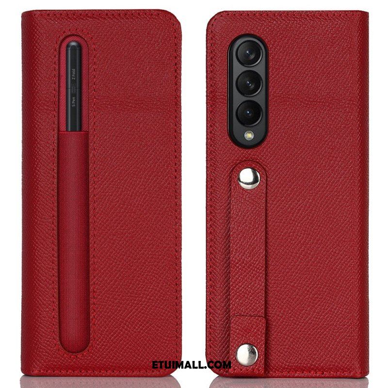 Etui Folio do Samsung Galaxy Z Fold 3 5G Uchwyt Na Długopis I Pasek Ze Skóry Naturalnej