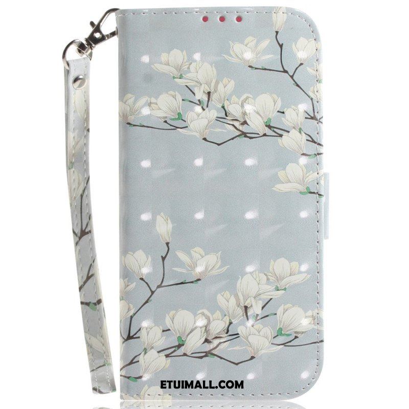 Etui Folio do Xiaomi Redmi Note 12 4G z Łańcuch Paskowate Białe Kwiaty