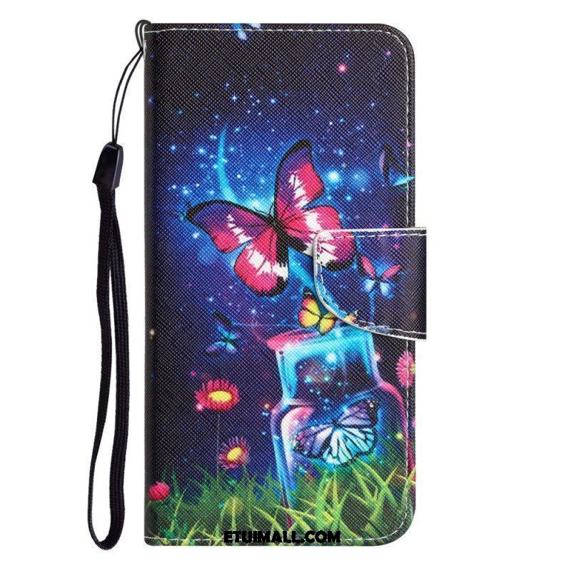 Etui Folio do iPhone 15 z Łańcuch Magiczne Motyle Ze Smyczką