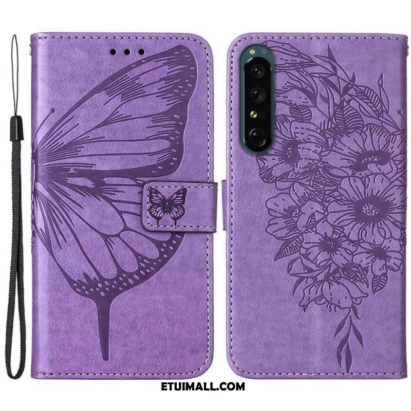 Skórzany Futerał do Sony Xperia 1 IV Motyl Ze Smyczą