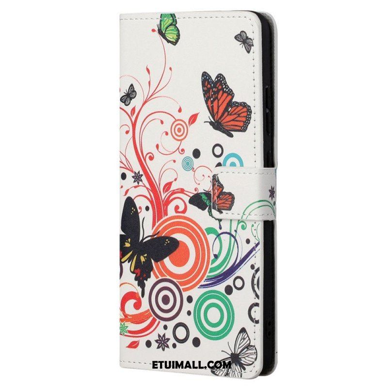 Skórzany Futerał do Xiaomi Redmi Note 11 / 11S Motyle I Kwiaty