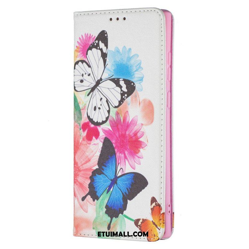 Etui Folio do Samsung Galaxy S22 Ultra 5G Malowane Motyle I Kwiaty