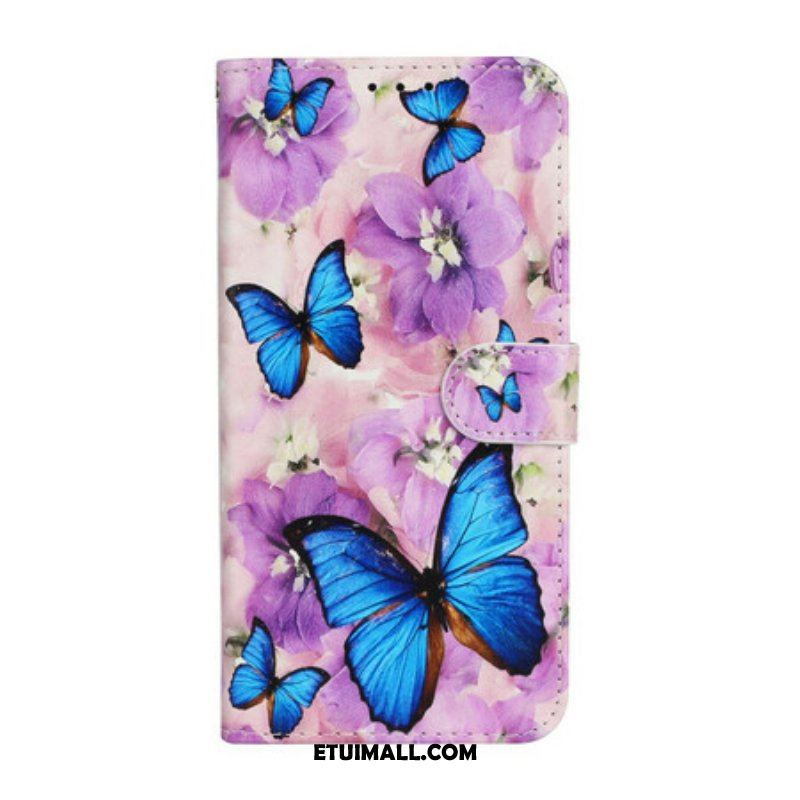 Etui Folio do iPhone 13 Mini Niebieskie Motyle W Kwiatach