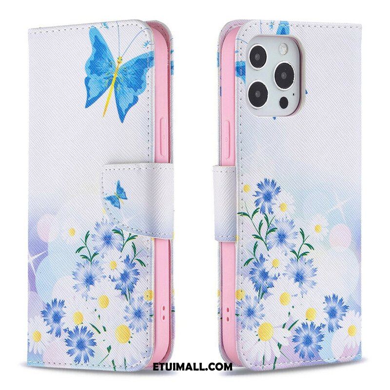 Etui Folio do iPhone 13 Pro Max Malowane Motyle I Kwiaty